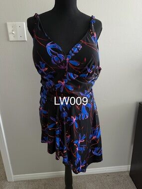 Ulla Popken Black Mini Dress with Blue & Red Floral Print